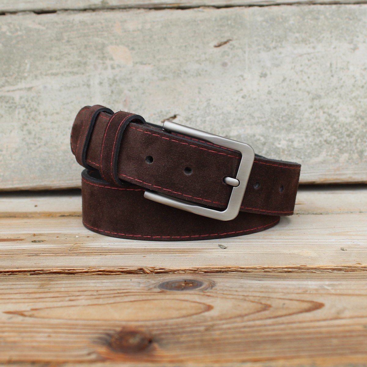 Кафяв Велурен Колан с Червен Шев Кафяв Велурен Колан с Червен Шев 3