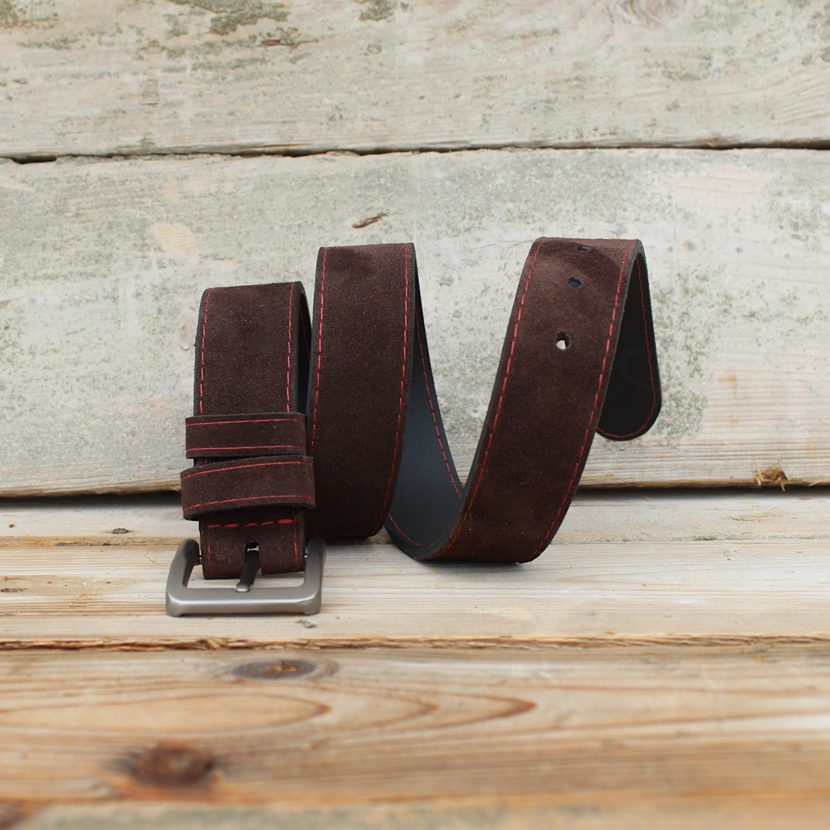 Кафяв Велурен Колан с Червен Шев Кафяв Велурен Колан с Червен Шев 5